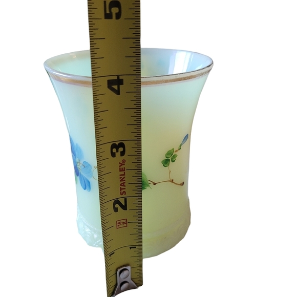 1800s Heisey Ring Band Custard Glass Pitcher & 4 Cups Rare Blue Hibiscus UV - Picture 7 of 10